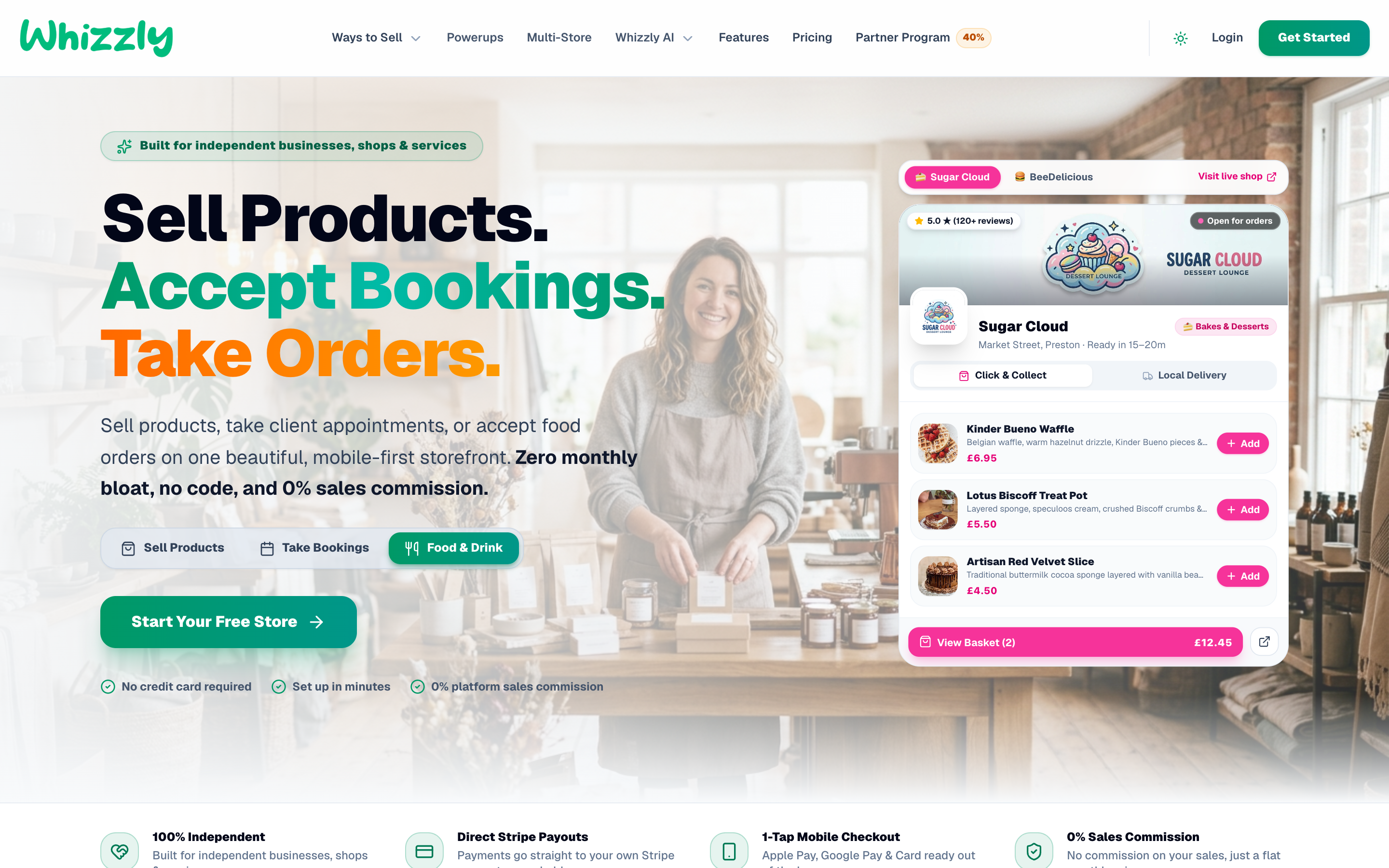 Whizzly® Live Platform — Multi-mode storefront engine supporting physical retail, appointment bookings, and hot food ordering.